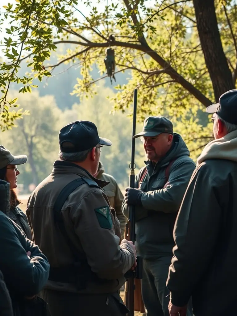 A photograph of ACAC members leading a workshop on responsible bow hunting techniques, demonstrating safe handling of equipment and ethical hunting practices.