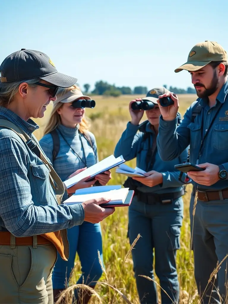 A photograph of ACAC members participating in a wildlife census in the Cher region, using binoculars and recording data, emphasizing their commitment to species monitoring and regulation.