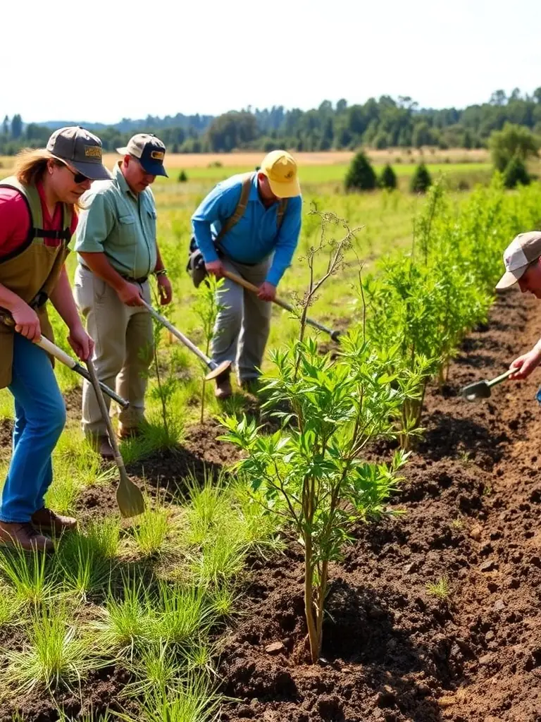 A group of bow hunters participating in a habitat restoration project, highlighting their commitment to environmental stewardship.