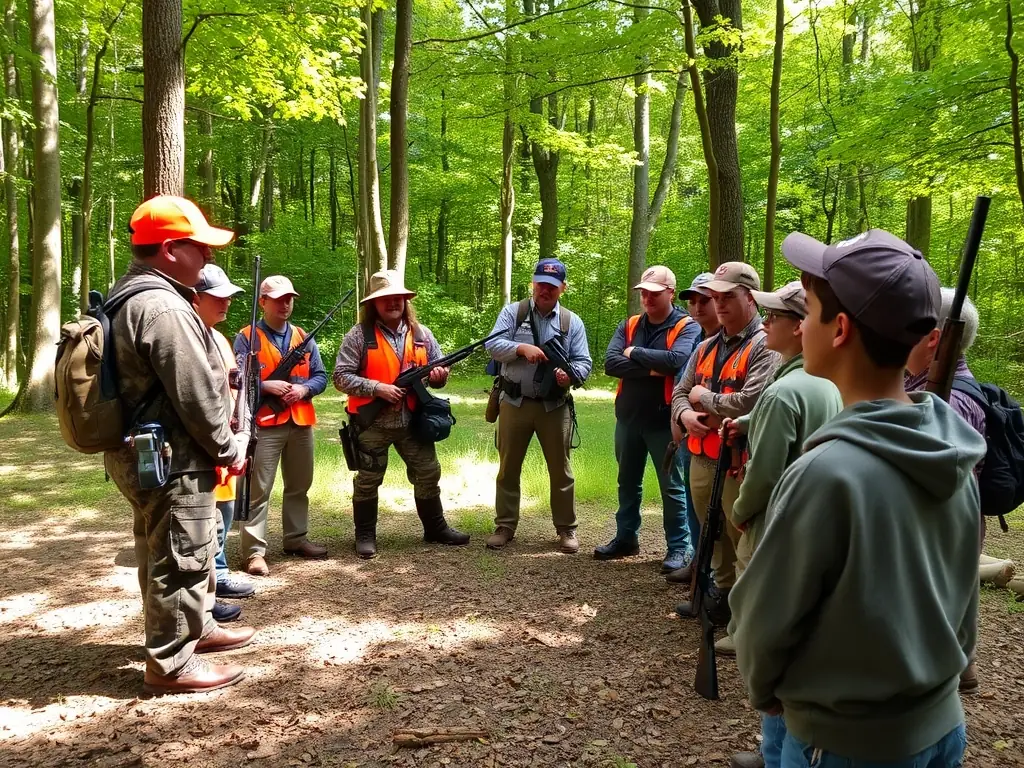 A photograph of ACAC volunteers leading a workshop on responsible bow hunting techniques for young hunters. The setting is an outdoor range, and the focus is on safety and ethical hunting practices.
