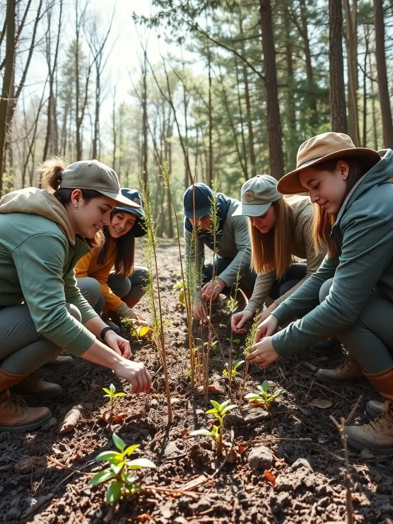 A photograph of ACAC members planting trees and restoring a degraded habitat in a local forest, showcasing their active involvement in environmental preservation and habitat restoration.
