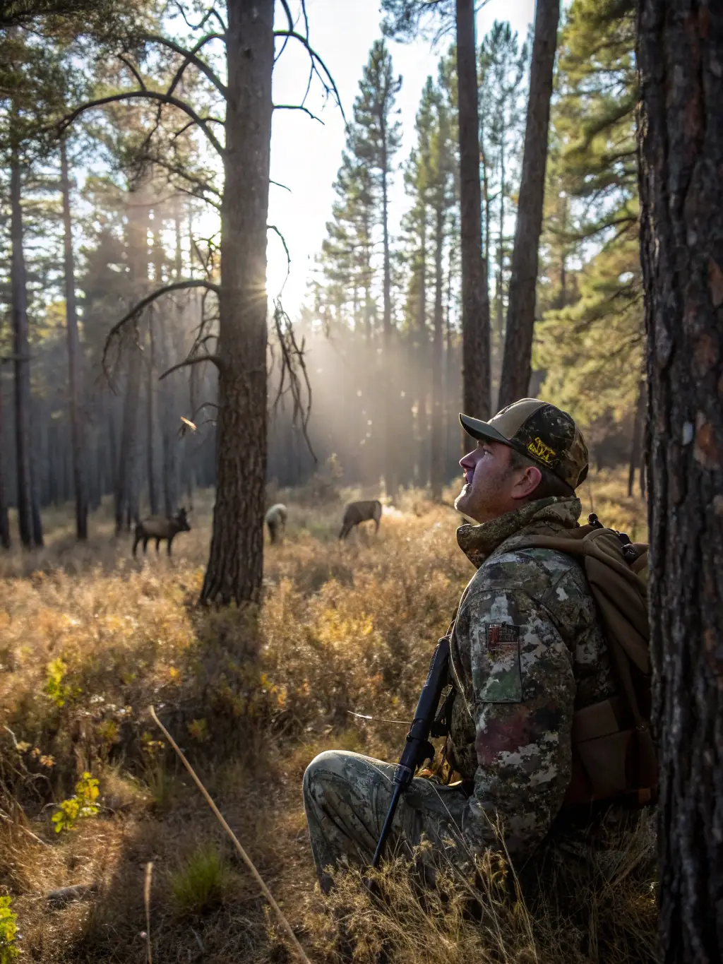 A close-up shot of a bow hunter carefully aiming their bow in a dense forest, emphasizing the precision and skill involved in the sport.