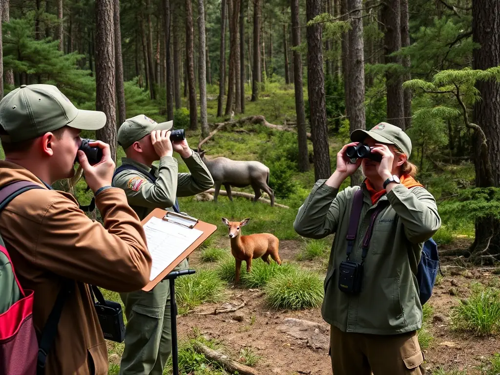 A group of ACAC members participating in a wildlife census in the Cher region, using binoculars and notebooks to record their observations. The image should convey a sense of dedication to scientific data collection and conservation.