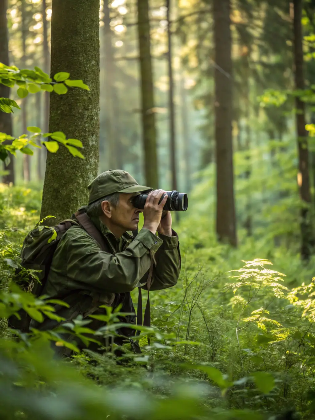 A bow hunter carefully tracking animal signs in the forest, emphasizing the importance of understanding wildlife behavior and ecology.