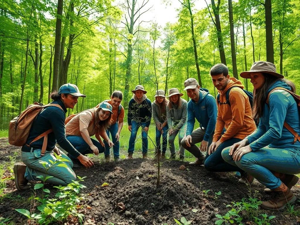 An image of ACAC members participating in a habitat restoration project, planting native trees and shrubs along a riverbank. The scene should depict teamwork and a commitment to improving the local ecosystem.